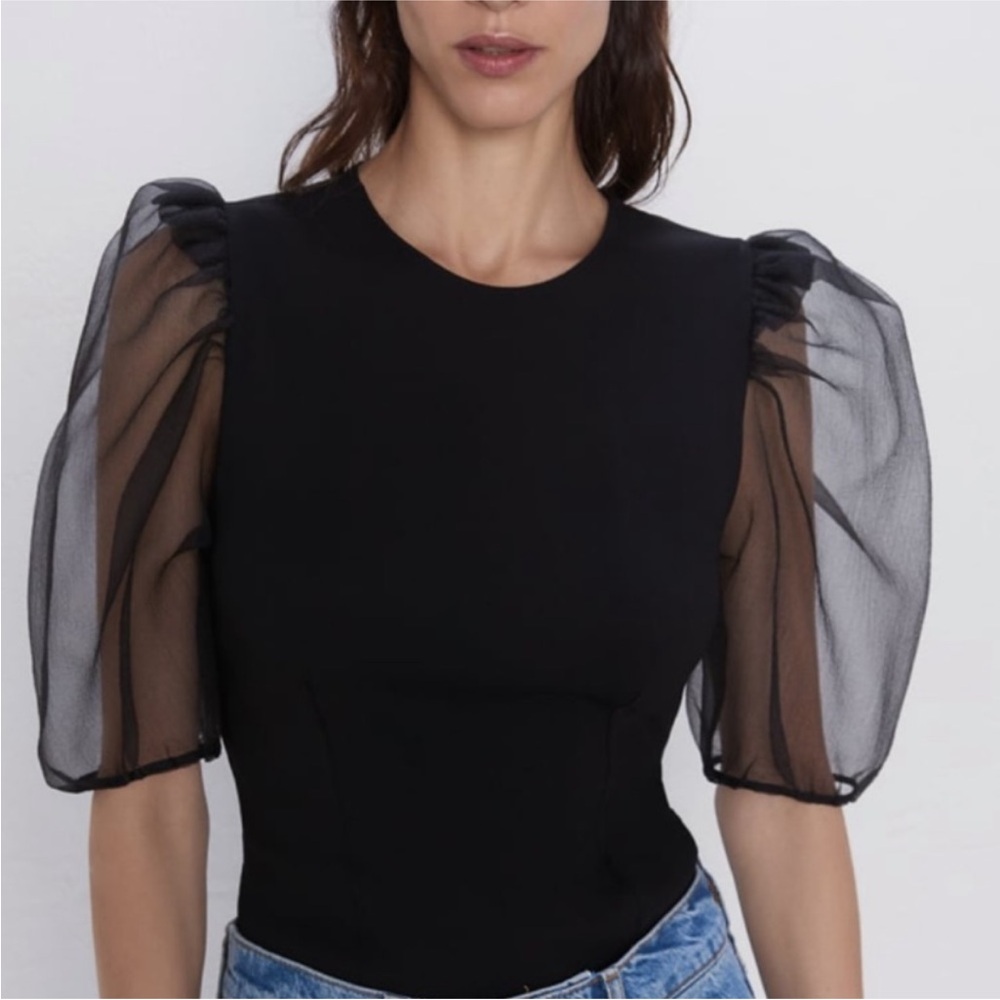 NWT Zara Black Puff Sleeve Top
